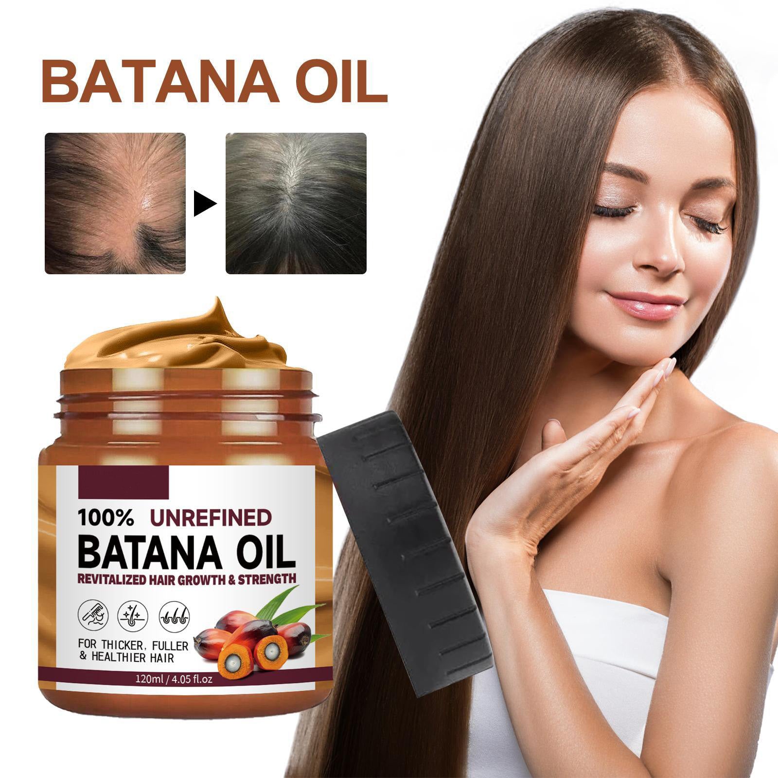 Natural Hair Regrowth Oil for Thick & Healthy Hair in a jar with a woman showcasing healthy hair and before after images.